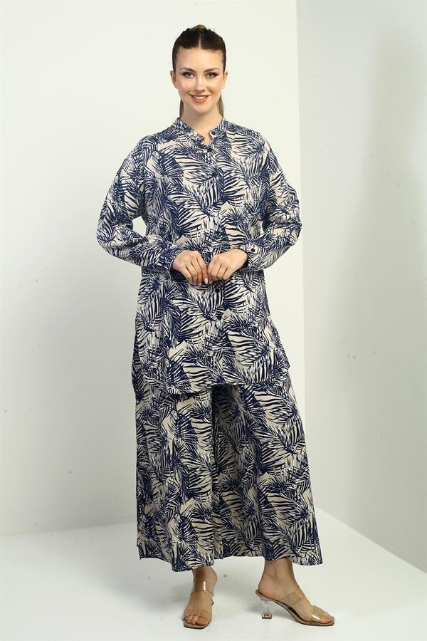 Women's Side Slit Tunic Shirt, Elastic Waist Pocketed Palazzo Pants, Leaf Pattern Oversize 2-Piece Set