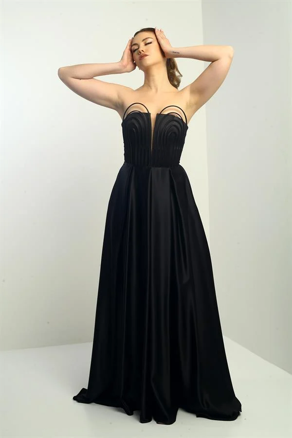Women's Strapless Lined, Front Underwired, Piped, Pocketed, Flared Long Satin Evening Dress