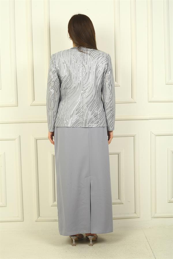 Ensemble 3 pièces grande taille pour femme : veste à sequins, chemisier à manches courtes, jupe longue doublée en crêpe