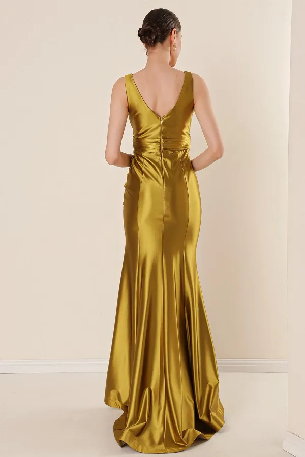 Robe longue en satin, drapée, à volants, doublée, taille large