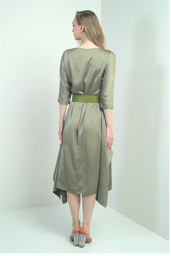 Women's Quarter Sleeve Asymmetrical Crepe Satin Midi Dress with Belted Waist