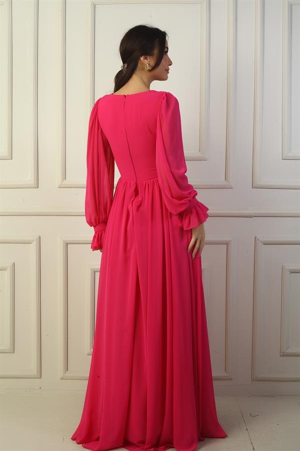 Kadın V Yaka Beli Tokalı Astarlı Şifon Uzun Abiye Elbise