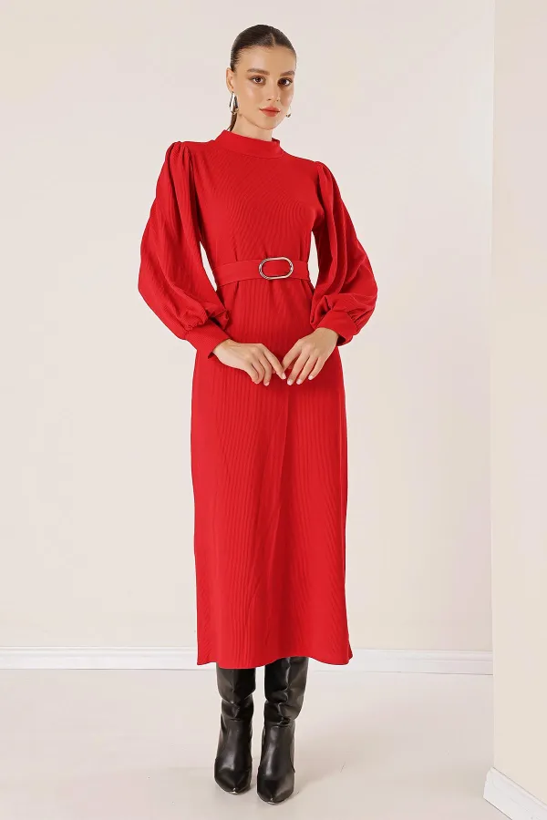 Beli Kemerli Omuz Büzgülü Elbise