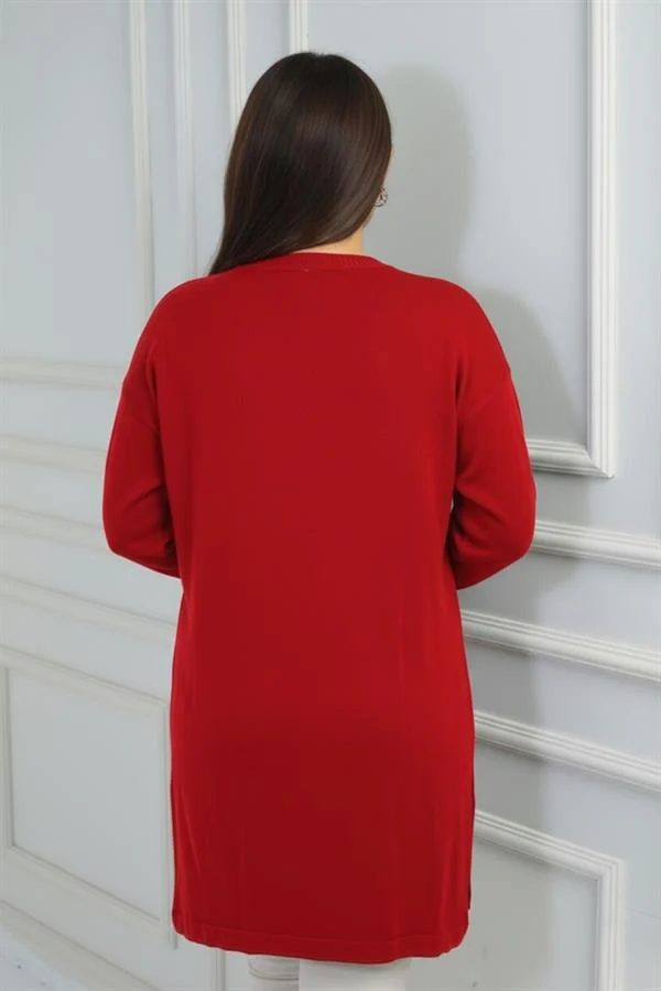 Kadın Önü Tek Cepli Taş Baskı Detaylı Büyük Beden TrikoTunik Bluz