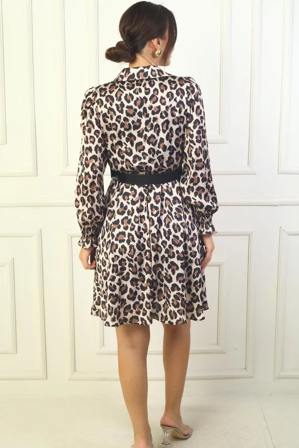 Women's Wrap Polo Collar Belted Lined Leopard Satin Dress