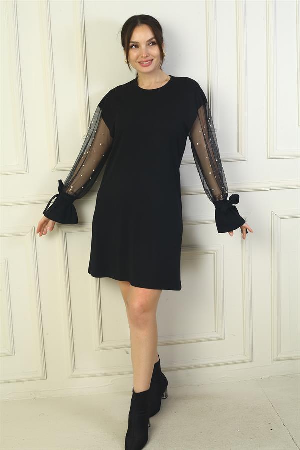 Kadın Yuvarlak Yaka İnci Detaylı Tül Kollu Kısa Elbise