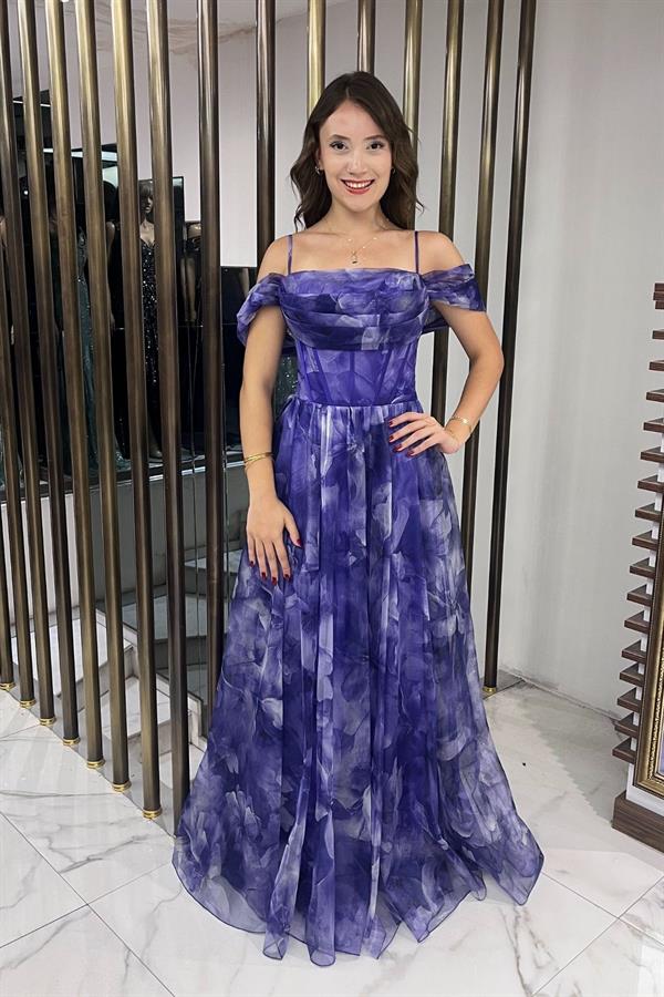 Kadın İnce Askılı Düşük Kollu Balenli Önü Drapeli astarlı Çiçekli Organze Uzun Elbise