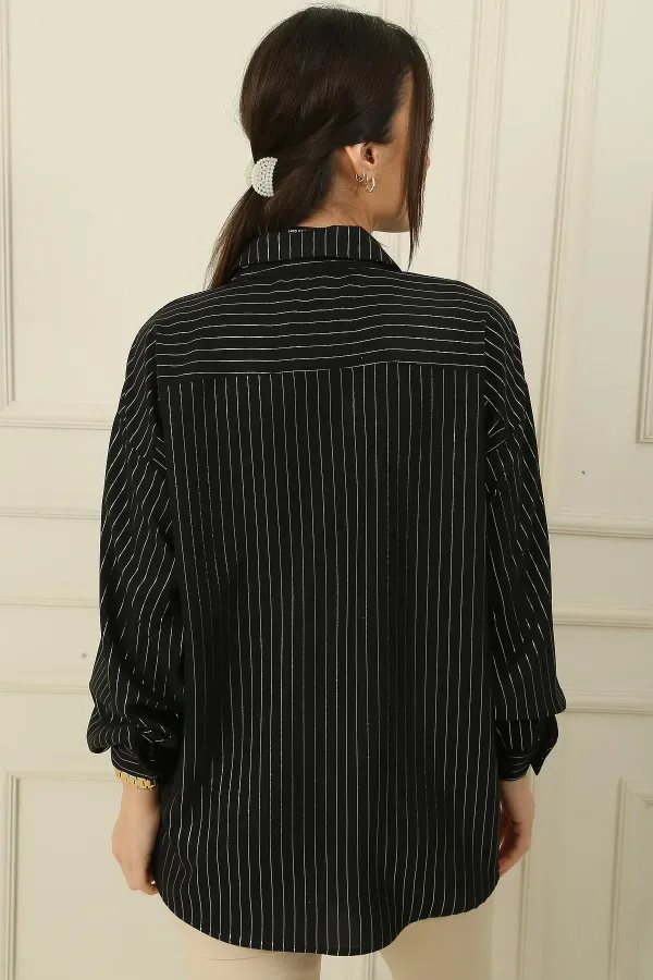Glittery String Striped Relaxed Fit Shirt