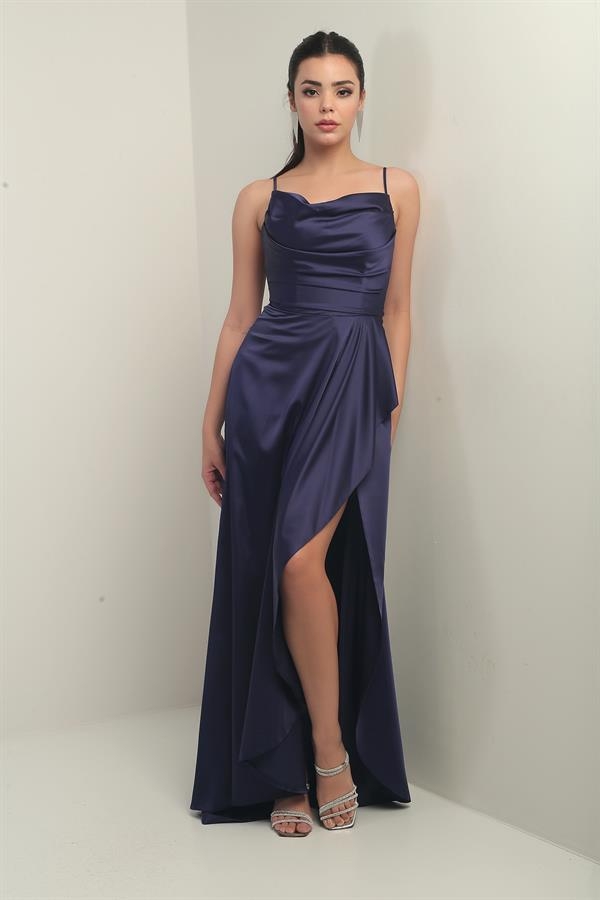 Women's Long Satin Dress with Rope Straps and Lace-Up Back and Lining
