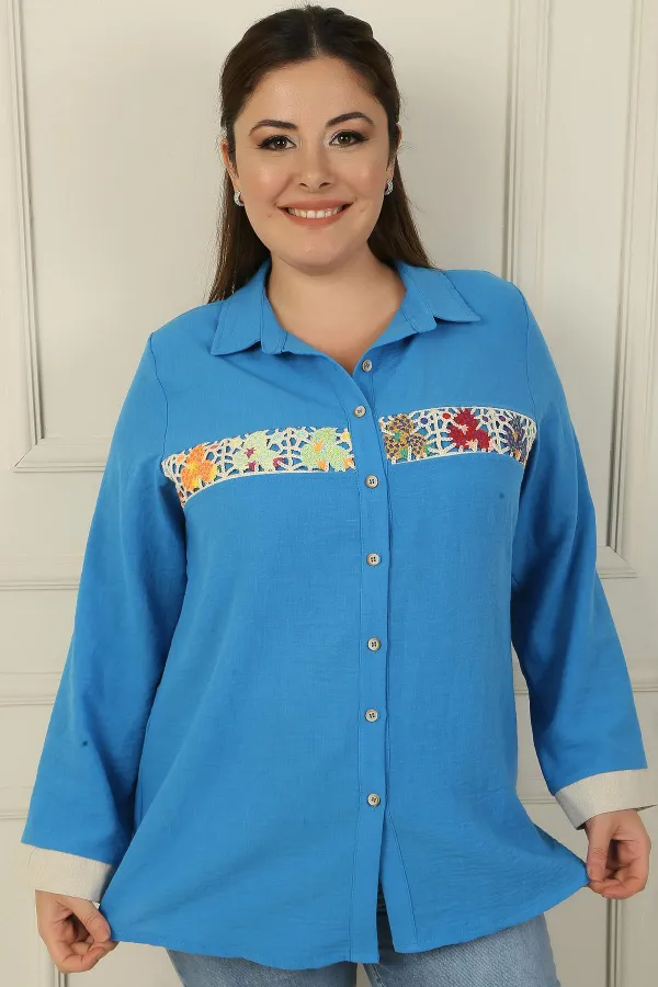 Floral Motif Knitted Plus Size Shirt