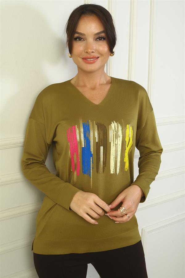 Kadın V Yaka Önü Baskılı Triko Kazak