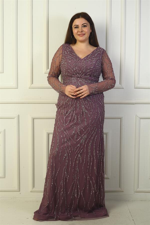 Front and Back V-Neck, Tulle Sleeves, Lined, Embellished Long Plus Size Dress