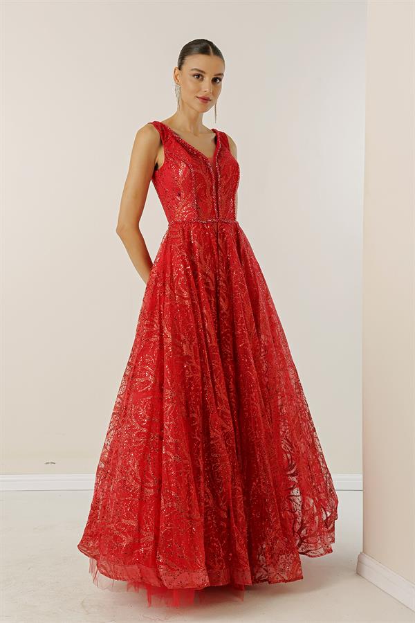 Ön Arka V Yaka Üstü Boncuk Detaylı Astarlı Arkası Bağcıklı Pullu Simli Uzun Elbise