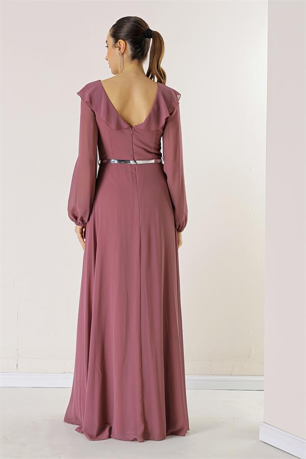 Long Chiffon Dress with Ruffled Front, Balloon Sleeves, and Belt
