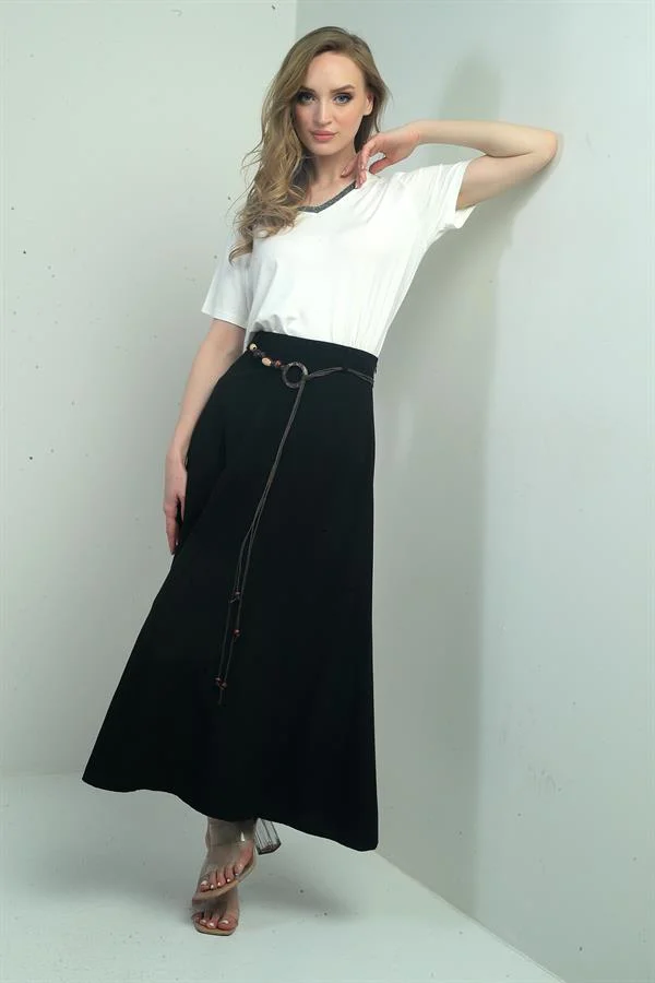 Women's Loose-Fitting Long Skirt with Linen Effect Trim and Waist Accessory