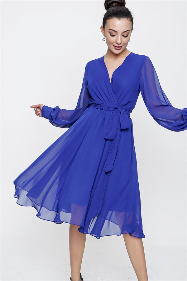 Kruvaze Yaka Uzun Kollu Astarlı Şifon Elbise