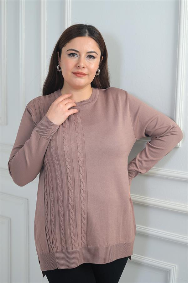 Kadın Tek Taraf Saç Örgülü Büyük Beden Likralı Tunik Bluz