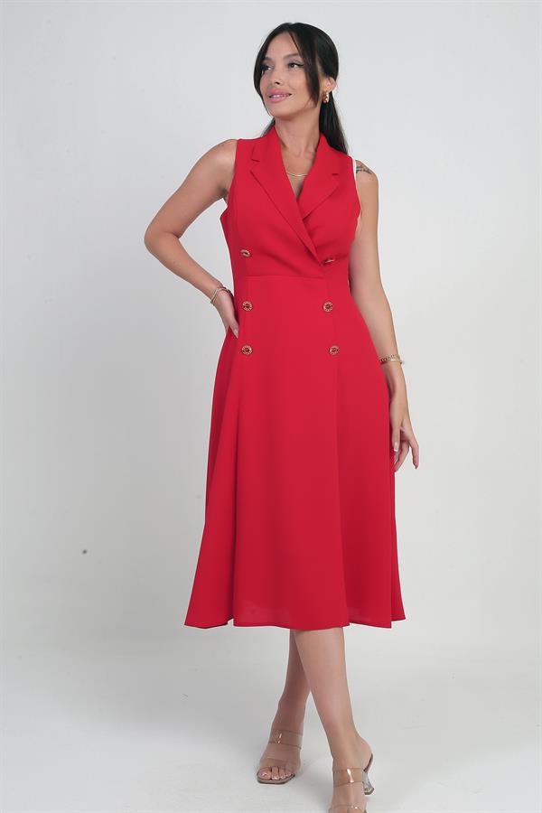 Women's Wrap Neckline Lined Double Slit Button Detail Midi Crepe Dress