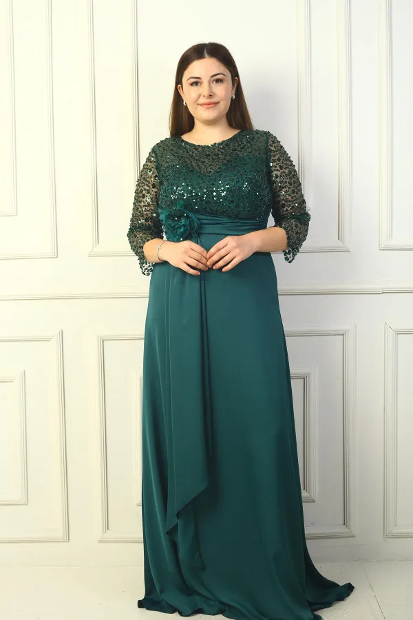 Kadın Çiçekli Altı Saten Üstü Gritel Astarlı Büyük Beden Uzun Elbise