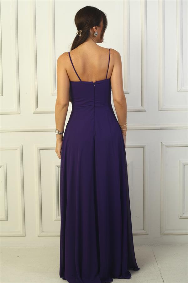 Kadın İp Askılı Drapeli Astarlı Şifon Uzun Elbise