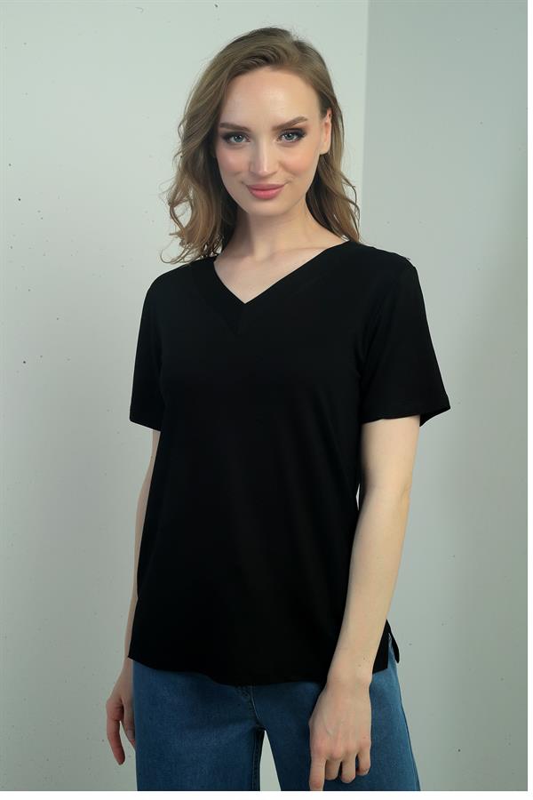 Women's V-Neck Short-Sleeve Blouse with Slit