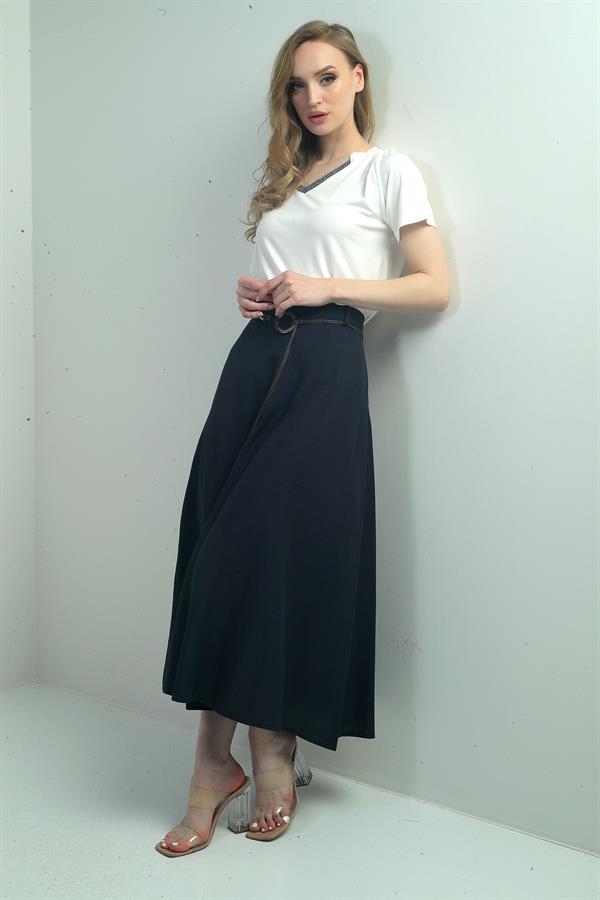 Kadın Bel Aksesuarlı Keten Efekt Parçalı Salaş Uzun Etek