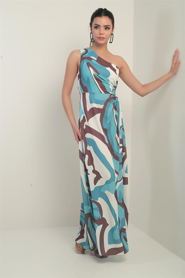 Women's One-Shoulder Side-Cut Abstract Pattern Long Crepe Satin Dress