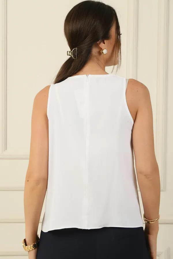 Women's Crepe Satin Blouse with Cowl Neck Accessory Detail
