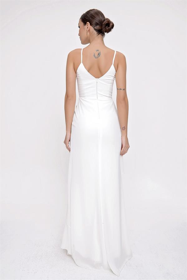 Robe longue en mousseline doublée à bretelles, volants et superpositions