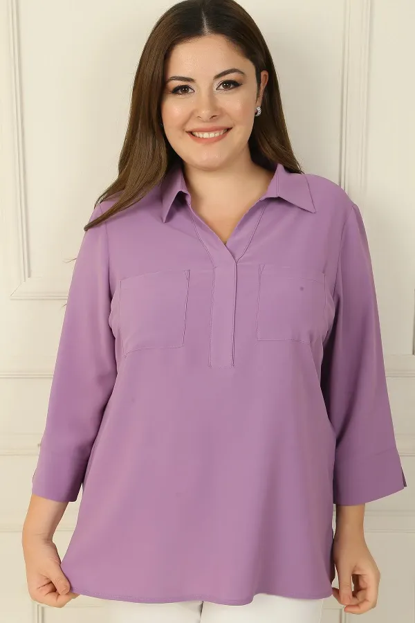 Polo Collar Pocket Quarter Sleeve BB Blouse
