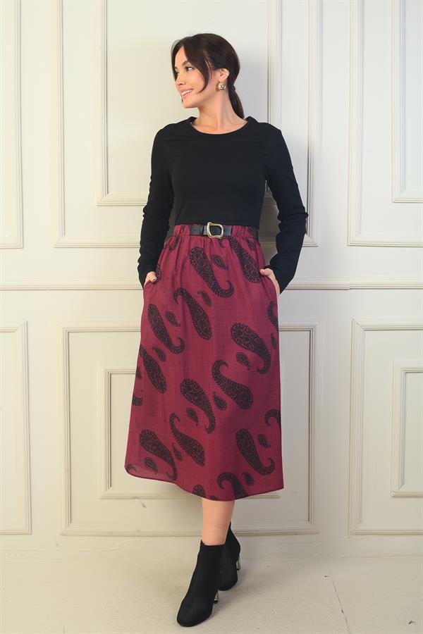 Kadın Beli Kemerli Eteği Şal Desenli Astarlı Elbise