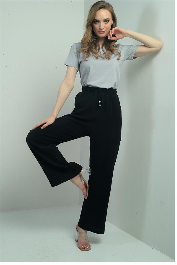 Kadın Müslin Palazzo Beli Lastikli Cepli Pantolon