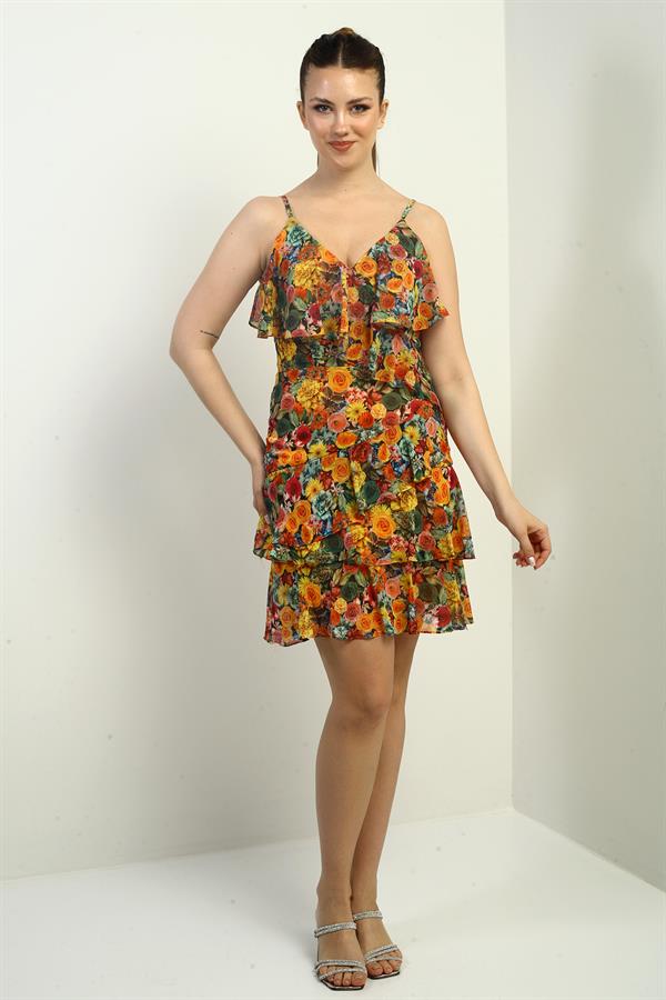 Women's Thin Strap Bust Ruffled Skirt Layered Lined Floral Pattern Short Chiffon Dress