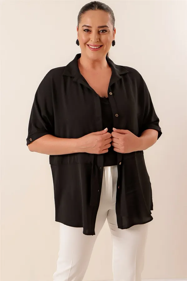 Belted Waist Buttoned Front Plus Size Ayrobin Tunic Shirt