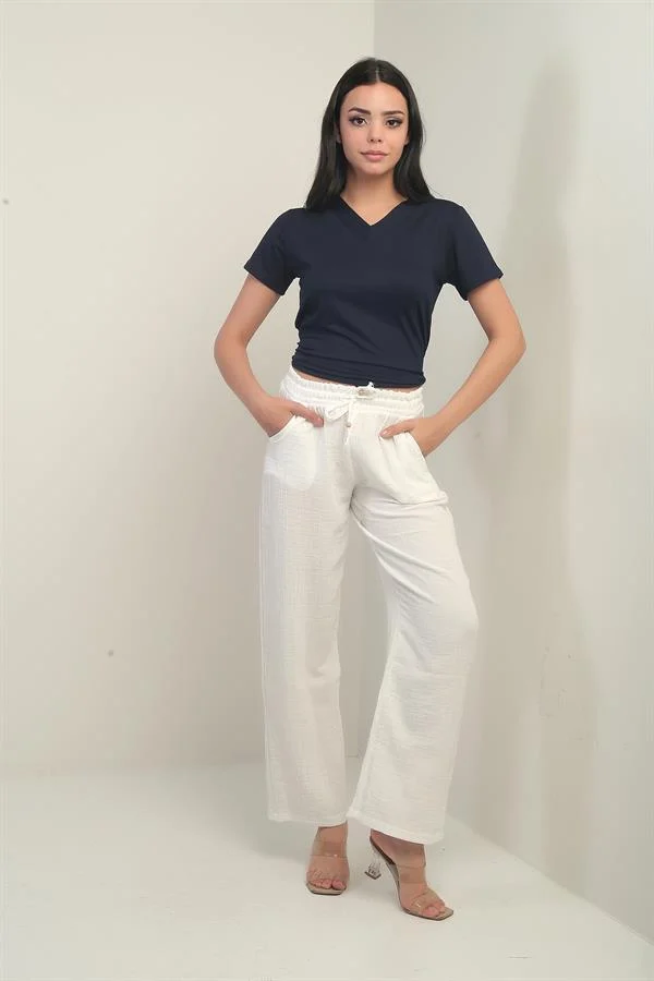 Pantalon palazzo en mousseline pour femme, avec taille élastique et poches