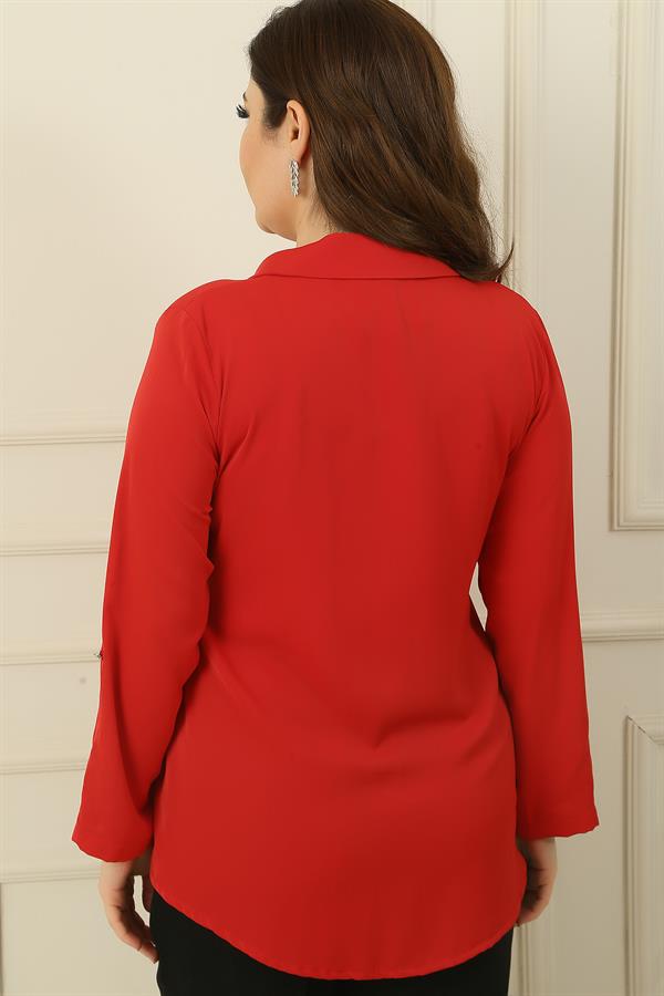 Önü Metal Düğmeli Tek Cepli Truvakar Kol Deri Detaylı Büyük Beden Gömlek