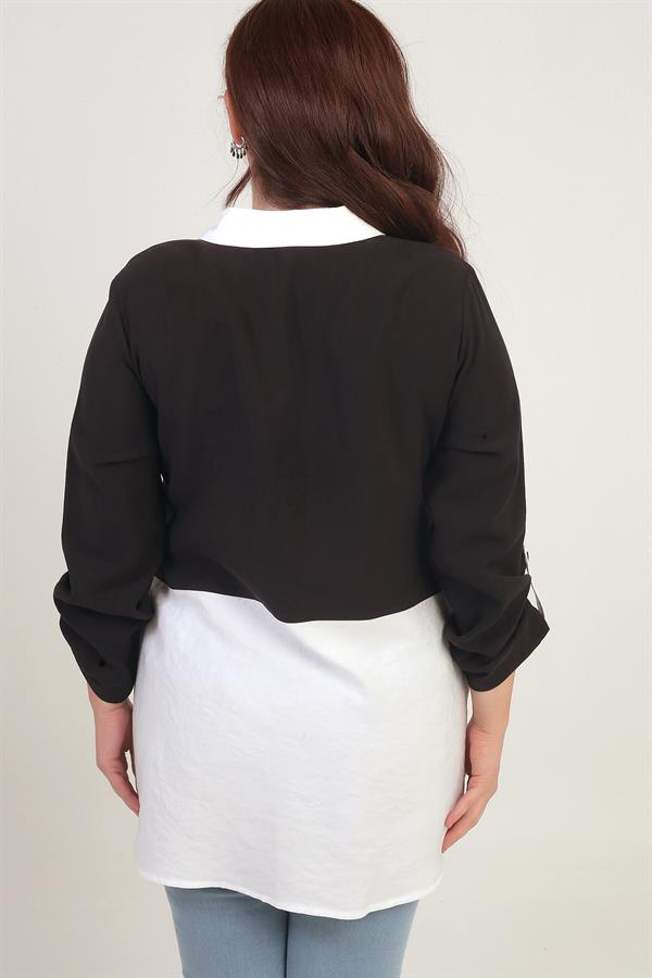 Kadın Kol Katlamalı Cepli İki Renkli Büyük Beden Lyocell Gömlek