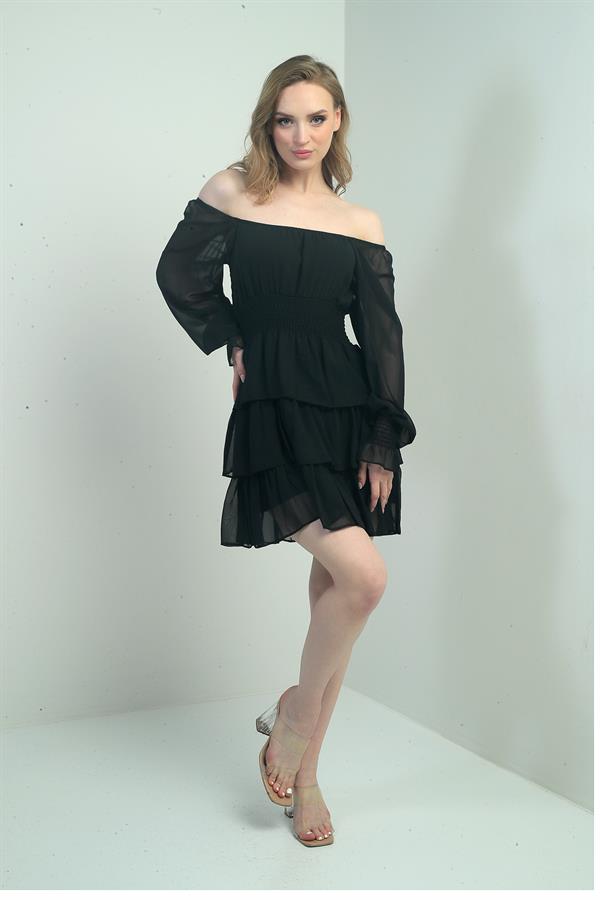 Kadın Madonna Yaka  Beli Ve Kol Uçları Gipeli Astarlı Üç Kat Kısa Şifon Elbise