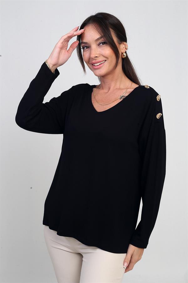 Blouse en lycra à col en V et boutons sur les épaules pour femme, couleur fraise.