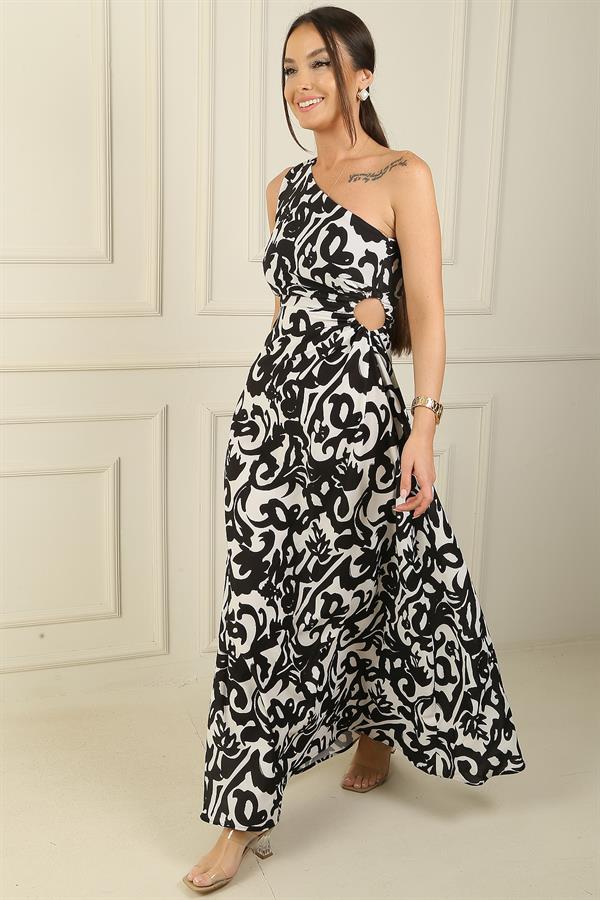 Women's One-Shoulder Side-Cut Ethnic Pattern Long Crepe Satin Dress