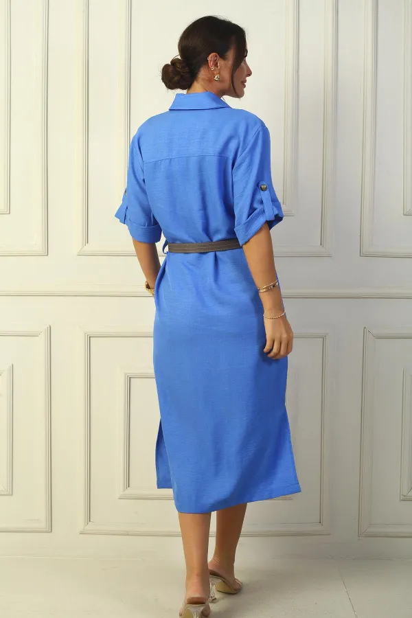 Linen Effect Long Dress with Button Front, Waist Belt, Double Pockets