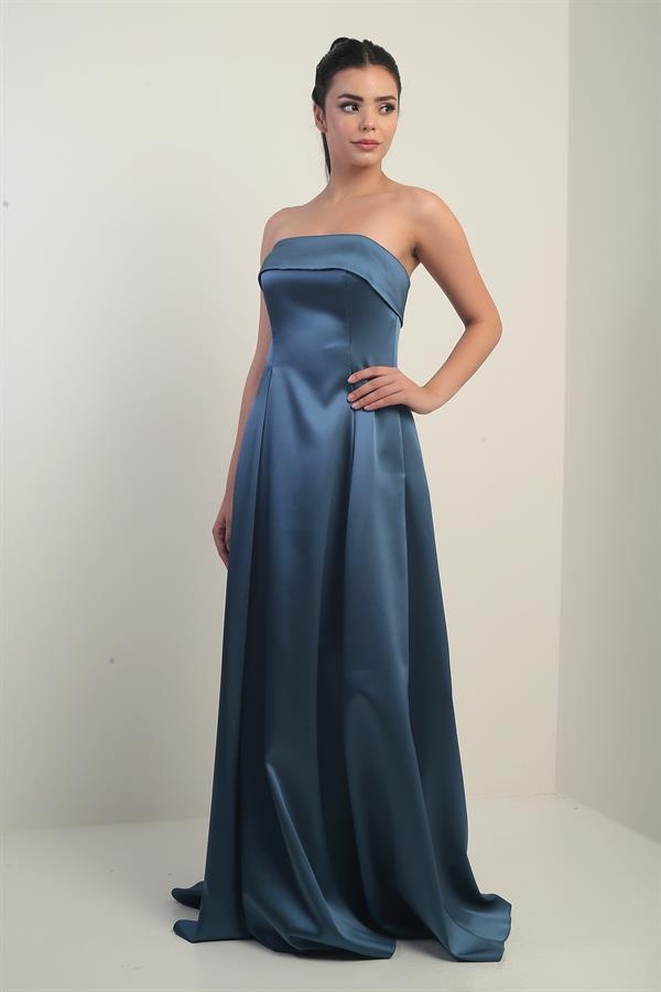 Women's Strapless Lined Long Satin Evening Dress with Pockets