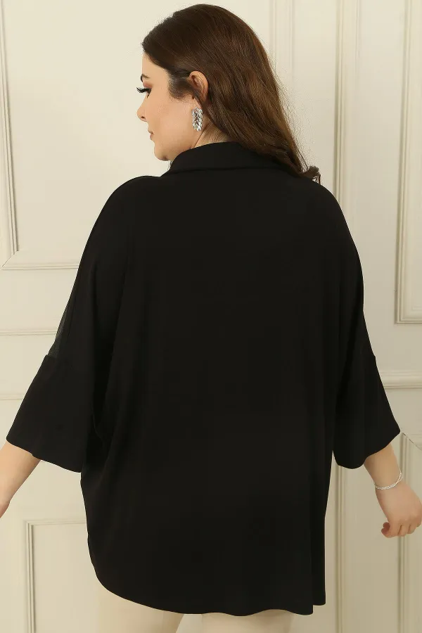 Deri Garnili Tek Cepli Düğmeli Yarasa Kol Büyük Beden Çilek Bluz