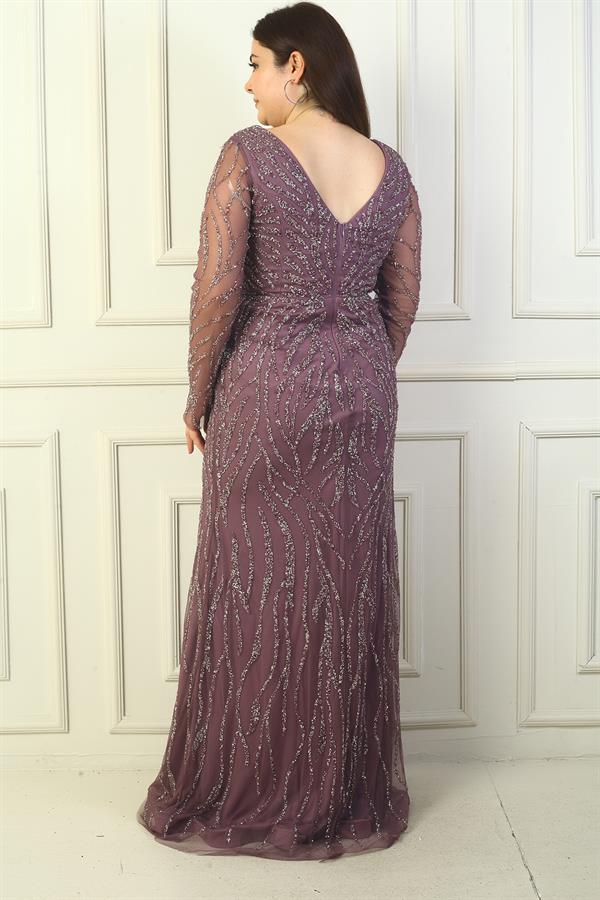 Front and Back V-Neck, Tulle Sleeves, Lined, Embellished Long Plus Size Dress