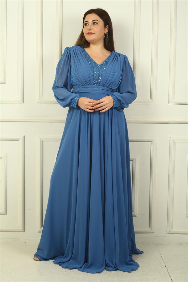 Kadın Ön Arka V Yaka Üstü Pulpayet Astarlı Büyük Beden Uzun Şifon Abiye Elbise