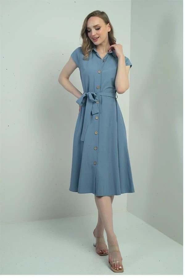 Women's Button-Front Belted Shirt Collar Short-Sleeve Dress