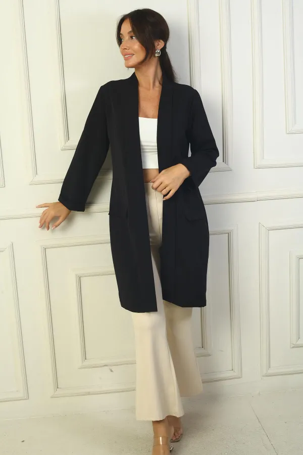 Shawl Collar Fake Pocket Lycra Max Long Jacket