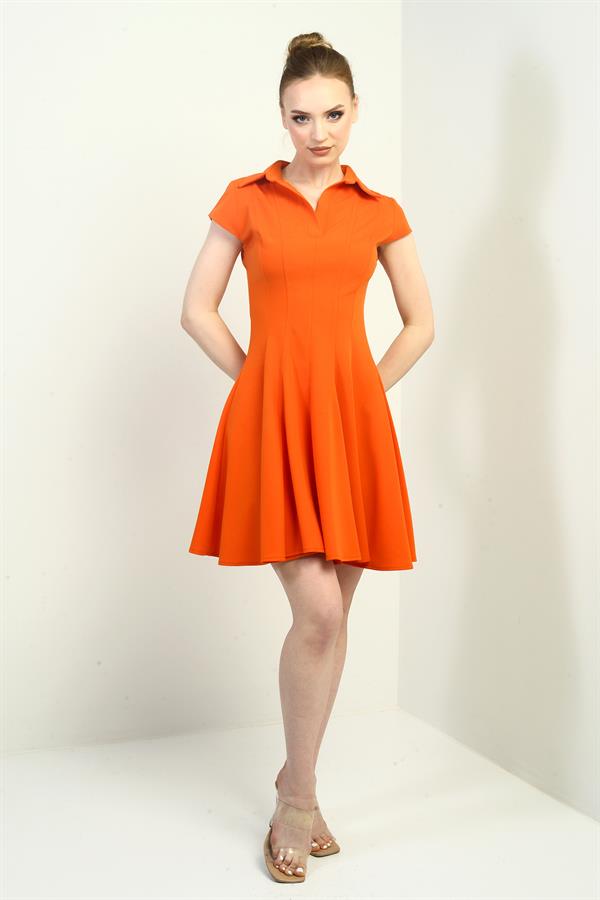 Kadın Polo Yaka Ay Kollu Likralı Kloş Kısa Elbise