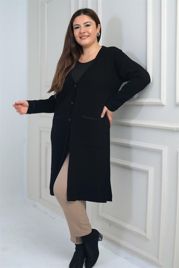 Gilet long en maille grande taille pour femme, avec poches et détails rayés