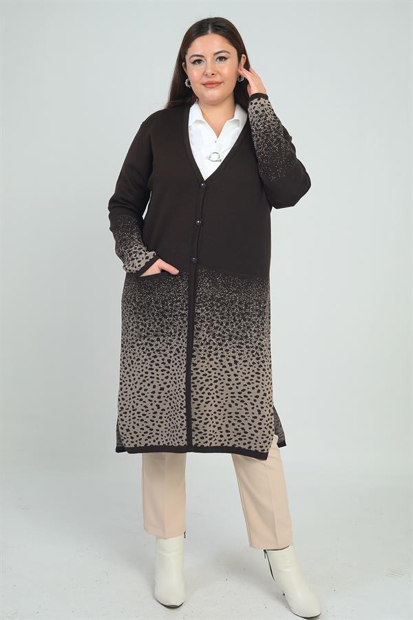 Kadın Cepli Leopar Karyağdı Desen Büyük Beden Triko Uzun Hırka